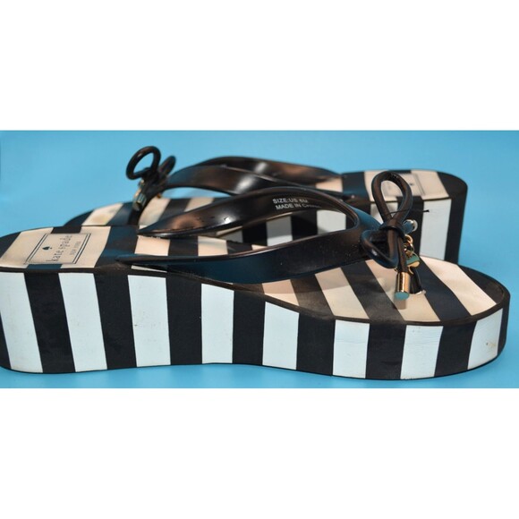 Kate Spade New York Navy White Striped Platform Flip Flops Sandals Sz 6 Bow - Picture 7 of 12